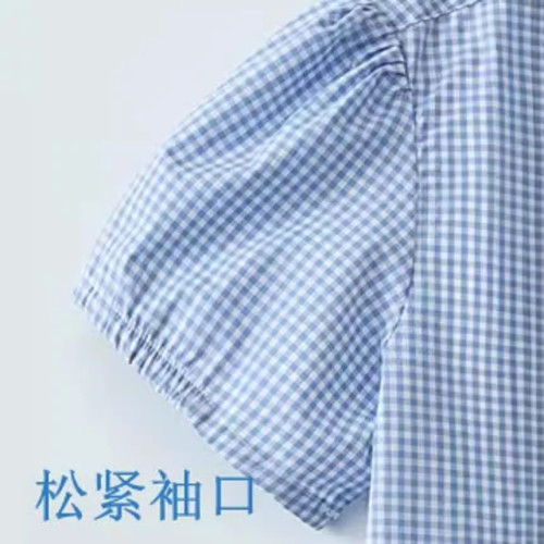 中小學生夏季純棉地中海細格子短袖襯衣男女童薄款學院風休閒襯衫