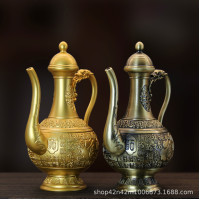 黃銅輕奢高檔家居擺件禦用百福高酒壺浮雕酒壺工藝品