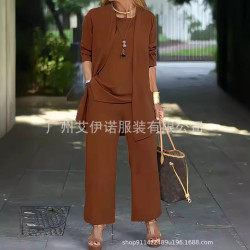 temu純色開叉圓領無袖背心上衣長袖開衫外套濶腿褲套裝女