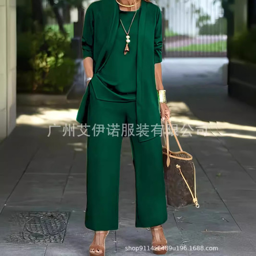 temu純色開叉圓領無袖背心上衣長袖開衫外套濶腿褲套裝女