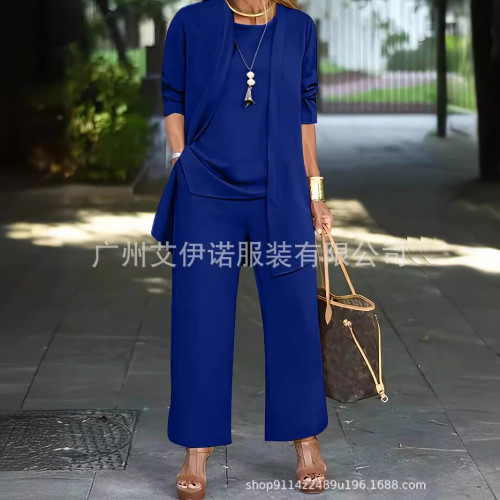 temu純色開叉圓領無袖背心上衣長袖開衫外套濶腿褲套裝女