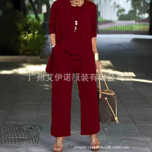 temu純色開叉圓領無袖背心上衣長袖開衫外套濶腿褲套裝女