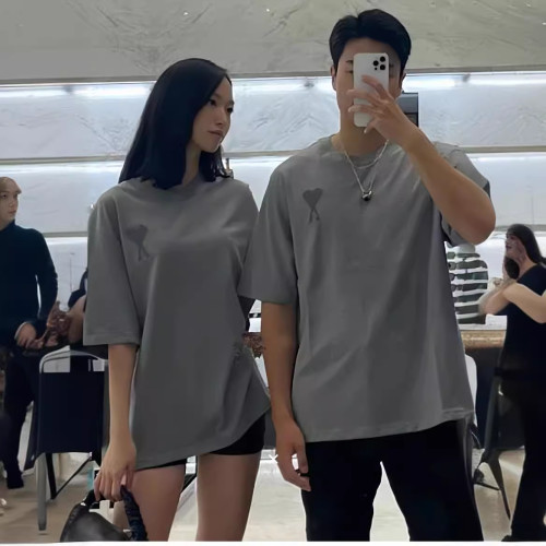 潮牌Ami短袖毛巾綉愛心T恤馬卡龍同色寬松百搭純棉情侶裝明星同款