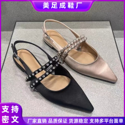 小C家K2024夏季新款尖頭平底鑲鑽一字帶包頭涼鞋女後空單鞋瑪麗珍