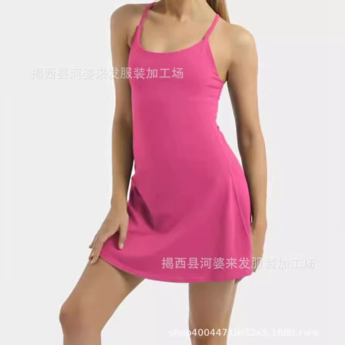 2025歐美新款帶打底防走光口袋瑜伽服吊帶連衣裙褲兩件套 現
