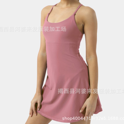 2025歐美新款帶打底防走光口袋瑜伽服吊帶連衣裙褲兩件套 現