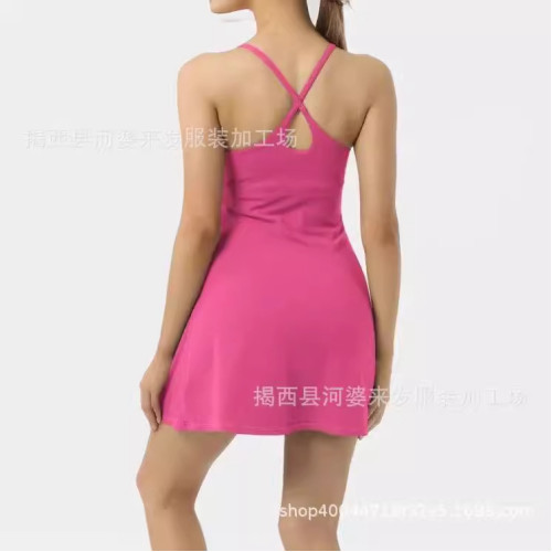 2025歐美新款帶打底防走光口袋瑜伽服吊帶連衣裙褲兩件套 現