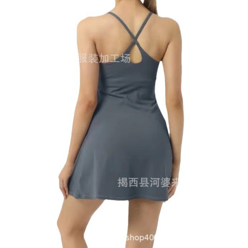 2025歐美新款帶打底防走光口袋瑜伽服吊帶連衣裙褲兩件套 現