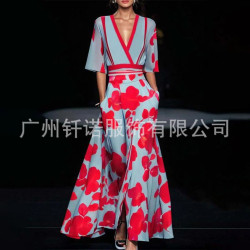 2024歐美女裝新款印花縮褶腰帶氣質通勤連衣裙