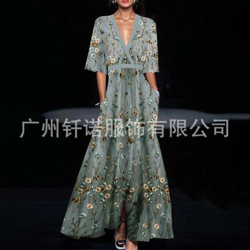 2024歐美女裝新款印花縮褶腰帶氣質通勤連衣裙