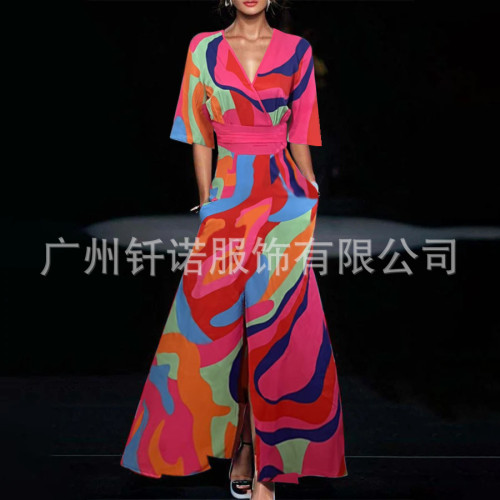 2024歐美女裝新款印花縮褶腰帶氣質通勤連衣裙