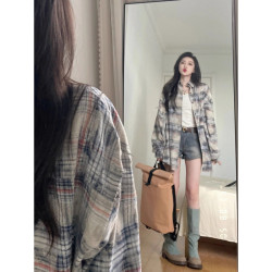 高級感格子襯衫女夏季撞色拼接襯衣oversize美式復古開衫防曬外套