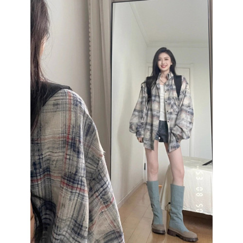 高級感格子襯衫女夏季撞色拼接襯衣oversize美式復古開衫防曬外套