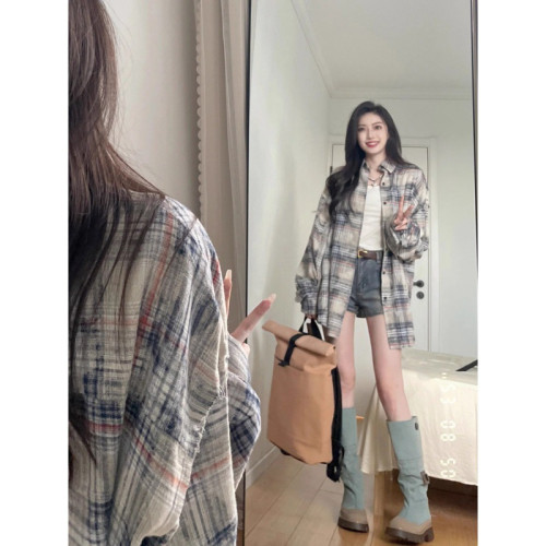 高級感格子襯衫女夏季撞色拼接襯衣oversize美式復古開衫防曬外套