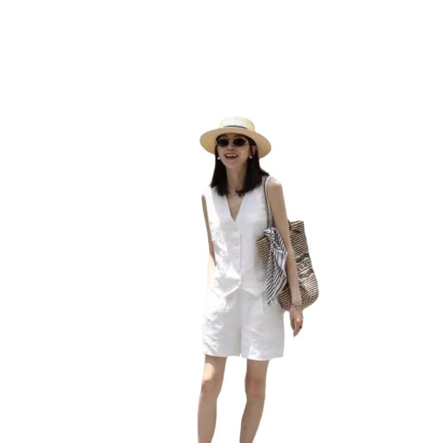 夏季白色亞麻棉麻時尚松弛感高級感穿搭無袖馬甲短褲套裝兩件套女