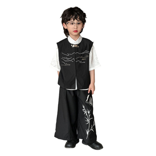 男童漢服套裝2024夏季新款中式國風馬甲復古休閒帥氣男孩表演出服