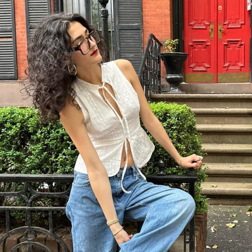 歐美風女裝2025夏季新款時尚街頭性感露臍修身系帶無袖背心上衣女