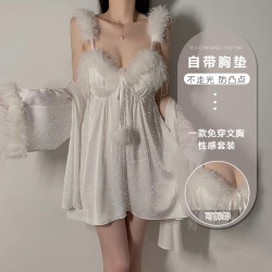 瑰若純色緞面拼接毛絨性感大碼加胸墊吊帶睡裙外袍家居服套裝4419