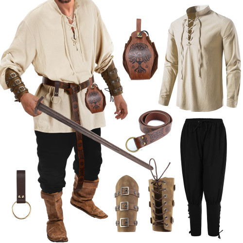 萬聖狂男士文藝復興時期服裝套裝配件中世紀海盜襯衫cosplay道具