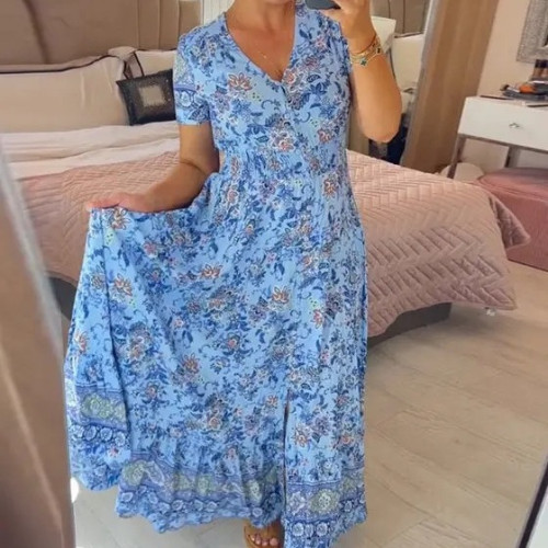 歐美wish新款高彈力女裝V領印花海邊風連衣裙
