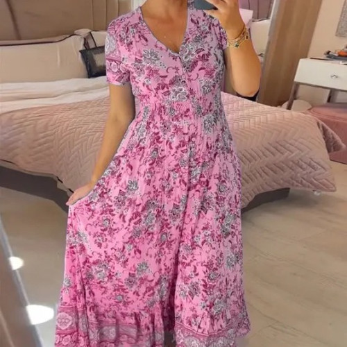 歐美wish新款高彈力女裝V領印花海邊風連衣裙