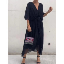 2024新款歐美女裝純色系帶長裙蝙蝠袖款式連衣裙大碼