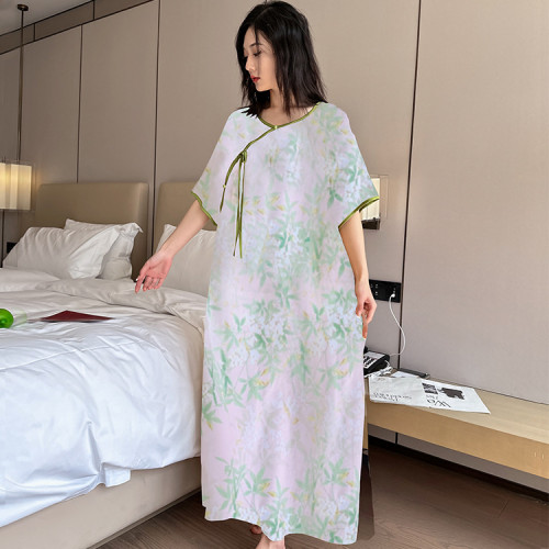 夏季短袖睡裙大碼睡衣女士印花綿綢加大加肥國風寬松胖MM氣質透氣