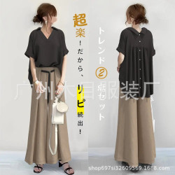  套裝女2024夏新款翻領短袖上衣+濶腿褲直筒褲女套裝