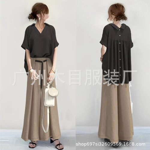  套裝女2024夏新款翻領短袖上衣+濶腿褲直筒褲女套裝
