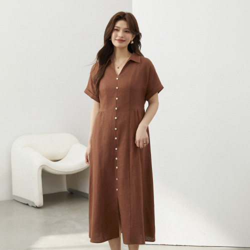 纖莉秀大碼女裝日系慵懶風收腰顯瘦氣質亞麻連衣裙胖mm2024夏新款