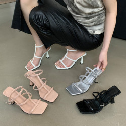女涼鞋夏外穿高級感韓版新款方頭露趾細帶高跟性感時尚百搭羅馬鞋