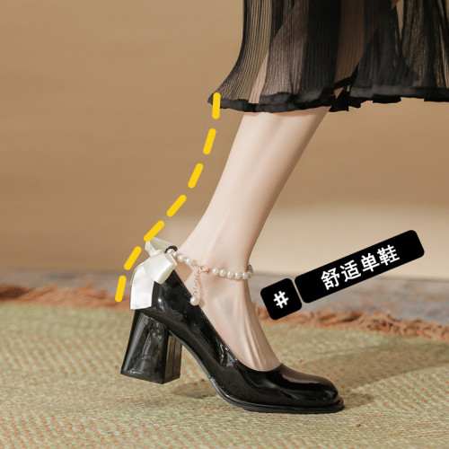 MZ-10法式瑪麗珍鞋新款珍珠絲帶漆皮仙女風粗跟單鞋大碼胖腳寬腳