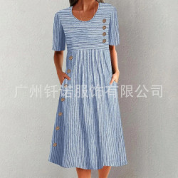 2024歐美大碼新款女裝 印花口袋紐釦連衣長裙
