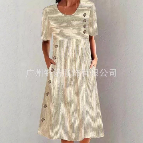 2024歐美大碼新款女裝 印花口袋紐釦連衣長裙
