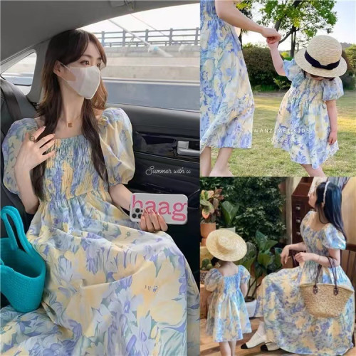 韓國親子裝連衣裙洋氣短袖夏季新款薄款純棉印花中長款顯瘦母女裝