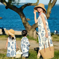 夏日度假親子裝襯衫一家三口四口嬰兒水果圖案母子母女裝海邊裙子