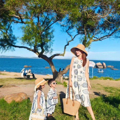 夏日度假親子裝襯衫一家三口四口嬰兒水果圖案母子母女裝海邊裙子