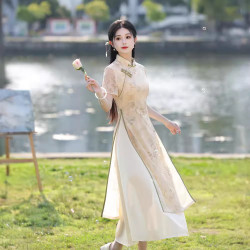 【玉樓春】新中式奧黛旗袍2025新款素雅少女年輕款復古連衣裙夏季
