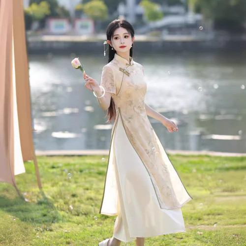 【玉樓春】新中式奧黛旗袍2025新款素雅少女年輕款復古連衣裙夏季