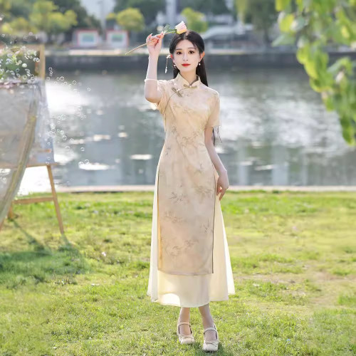【玉樓春】新中式奧黛旗袍2025新款素雅少女年輕款復古連衣裙夏季
