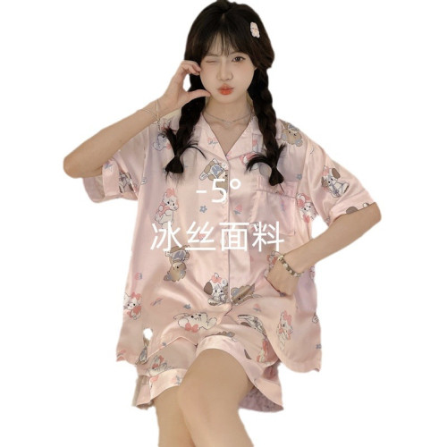 日系吉伊卡哇情侶睡衣女夏季短袖冰雪絲可愛小八男士家居服可外穿