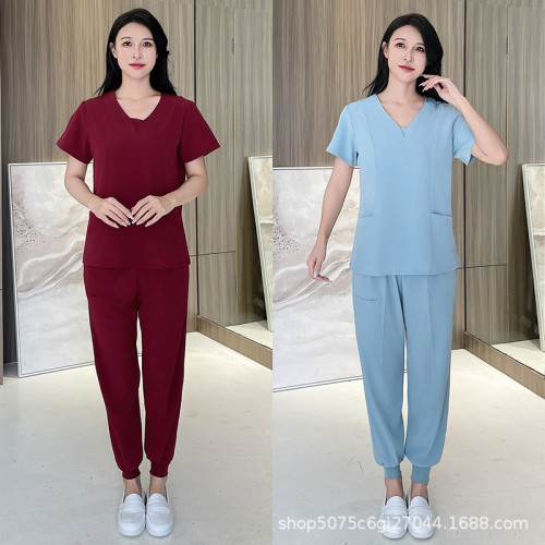 韓版洗手衣女款短袖螺紋褲腿彈性套裝醫院手術口腔牙科診所工作服