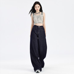 不掉色深藍色牛仔褲女秋季新款美式設計感寬松顯瘦直筒拖地濶腿褲