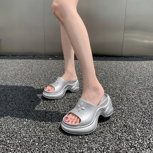 厚底拖鞋女士歐美ins潮EVA網紅同款金屬色銀色高跟一字型涼拖鞋