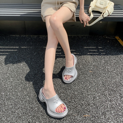 厚底拖鞋女士歐美ins潮EVA網紅同款金屬色銀色高跟一字型涼拖鞋