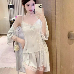 【藍冰蝶戀】爆款新品女睡衣燙印蝴蝶冰雪絲吊帶短褲袖高級感套裝