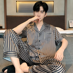 2024夏季新款男士冰絲睡衣薄款短袖長褲條紋高級感家居服A7-501