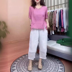 24501大愛美依緣2025夏季新款寬松復古刺綉上衣白色休閒濶腿褲女