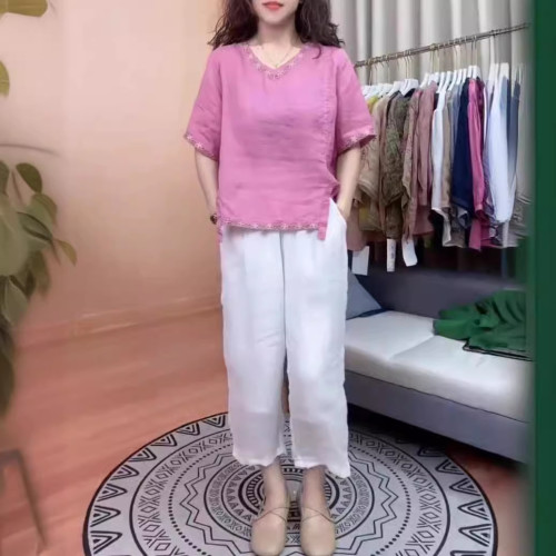 24501大愛美依緣2025夏季新款寬松復古刺綉上衣白色休閒濶腿褲女