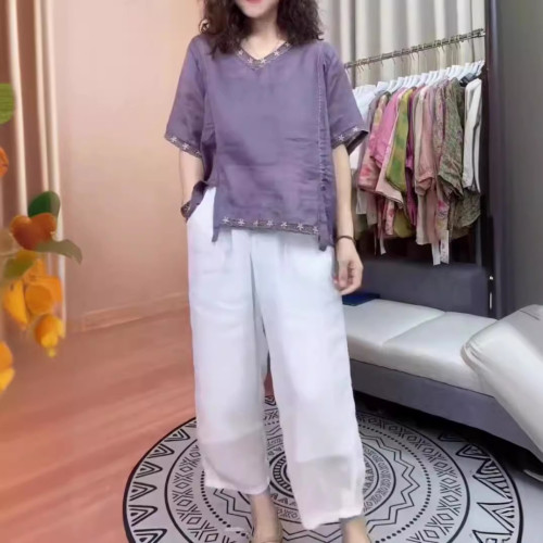 24501大愛美依緣2025夏季新款寬松復古刺綉上衣白色休閒濶腿褲女
